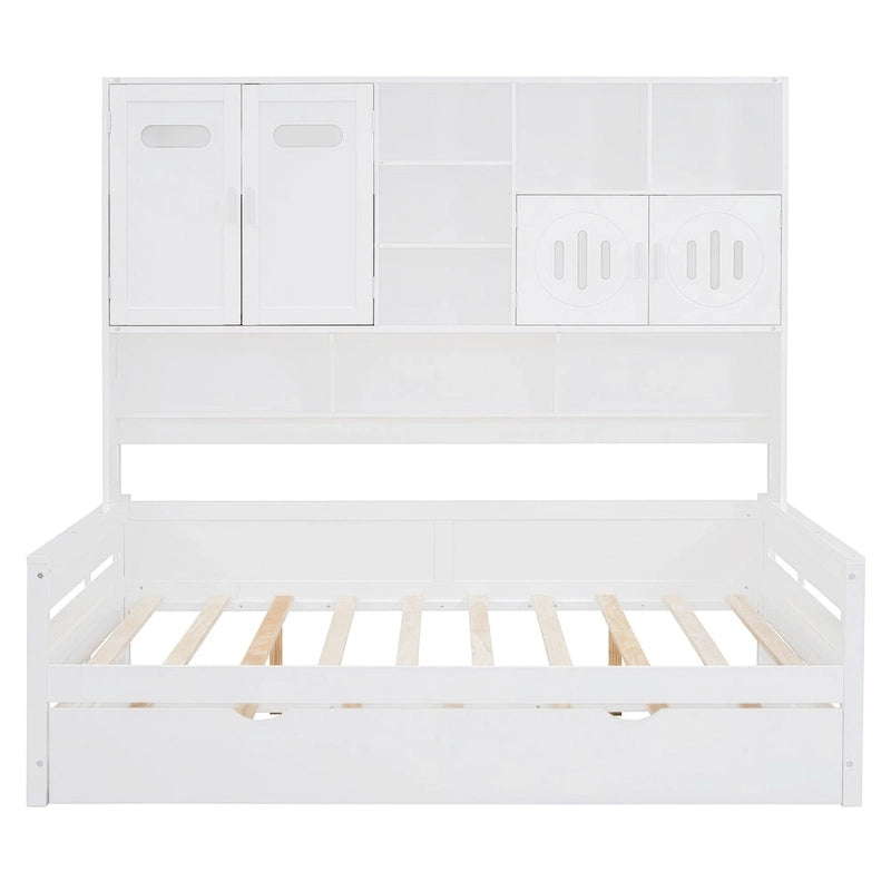 Full Size Daybed with Storage Cabinet and Shelf Solid Wood Bed Frame