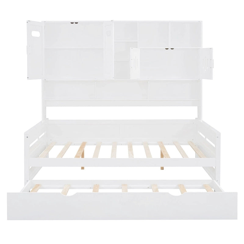 Full Size Daybed with Storage Cabinet and Shelf Solid Wood Bed Frame