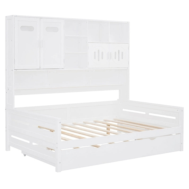 Full Size Daybed with Storage Cabinet and Shelf Solid Wood Bed Frame