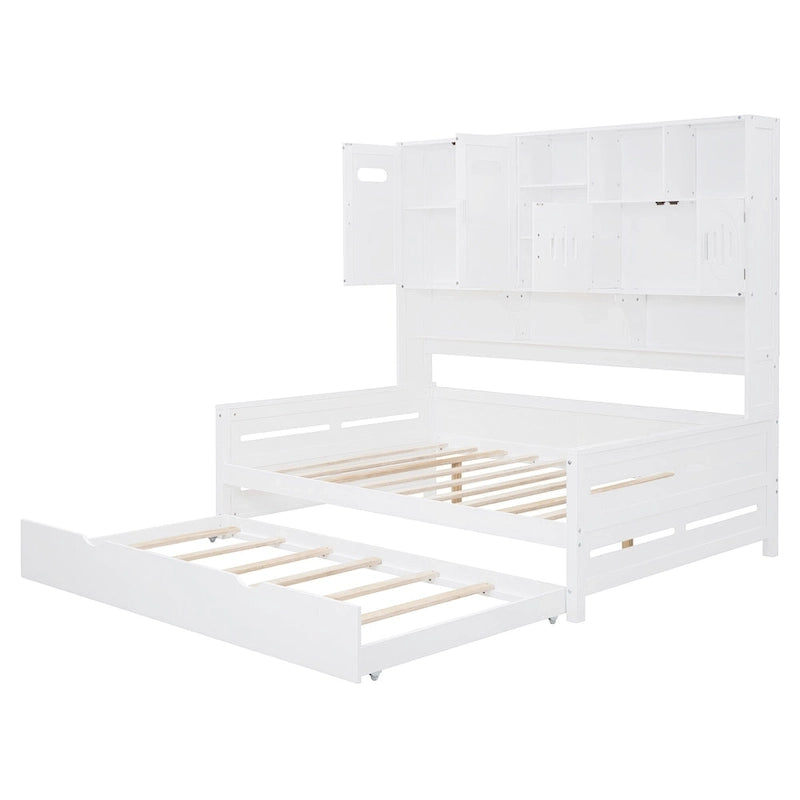 Full Size Daybed with Storage Cabinet and Shelf Solid Wood Bed Frame