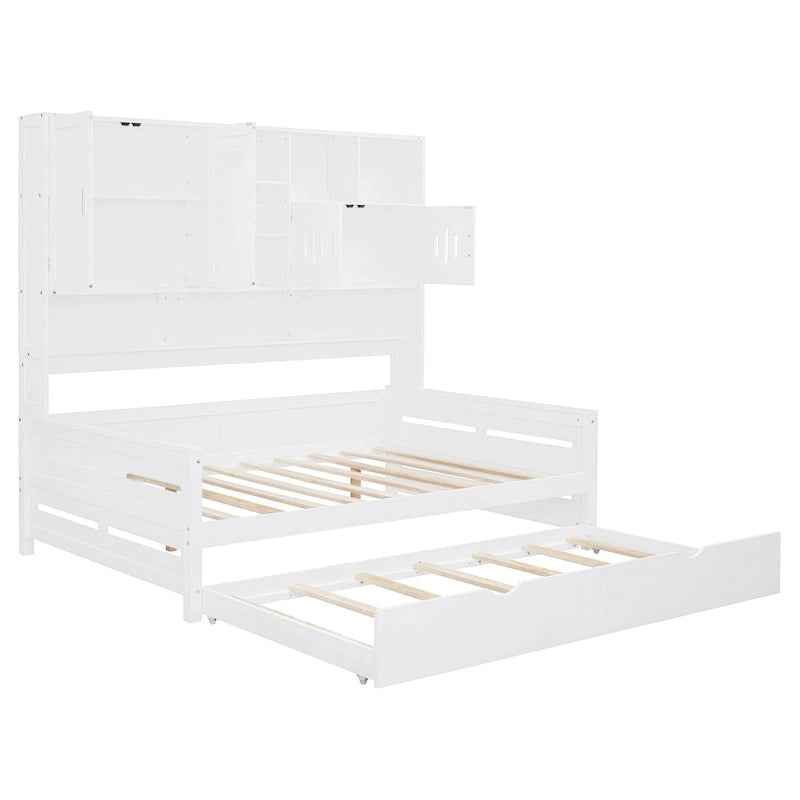 Full Size Daybed with Storage Cabinet and Shelf Solid Wood Bed Frame