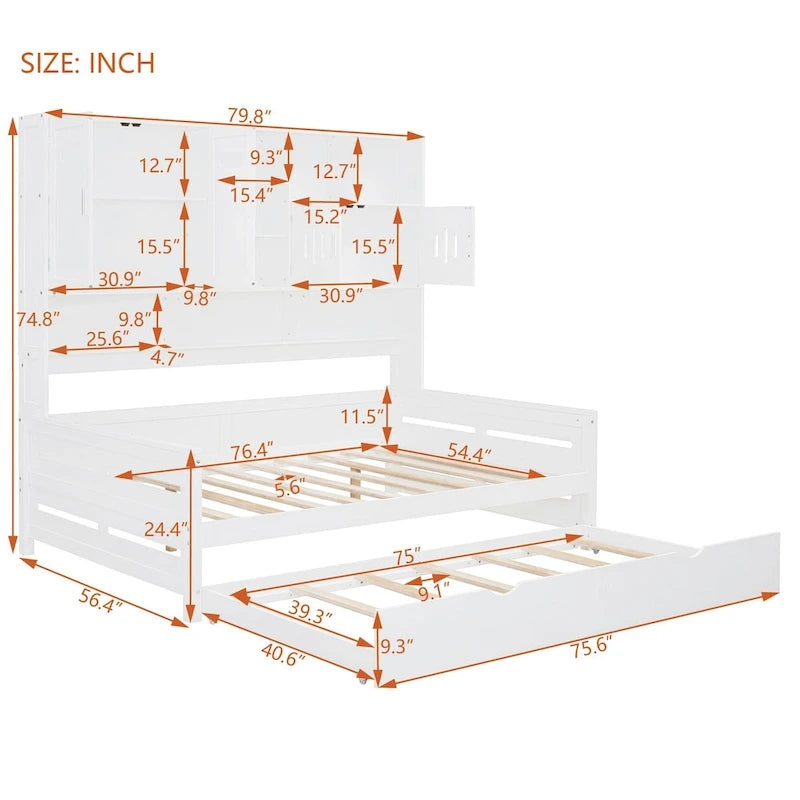 Full Size Daybed with Storage Cabinet and Shelf Solid Wood Bed Frame