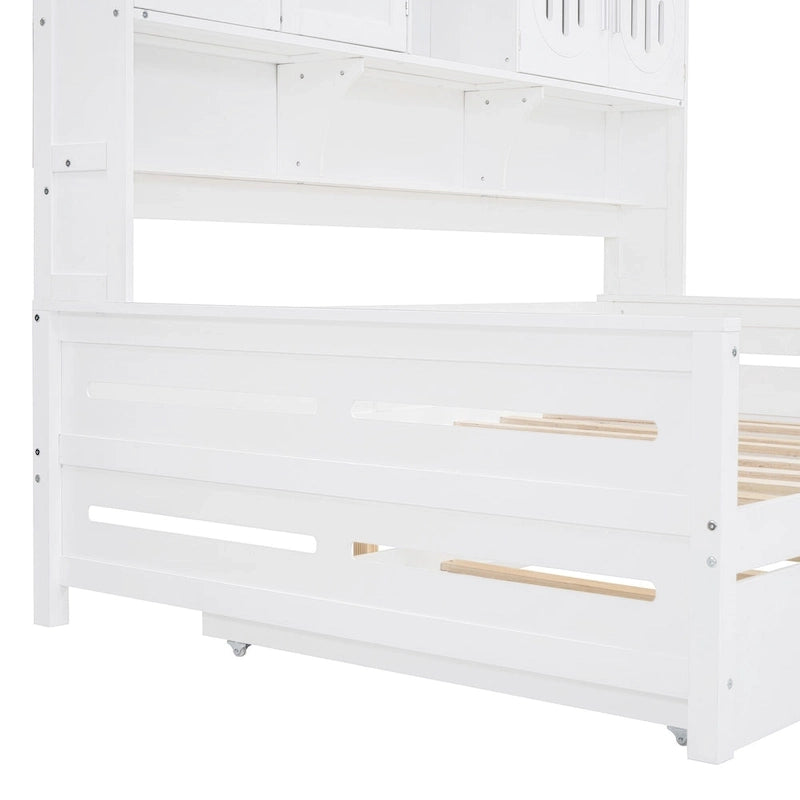 Full Size Daybed with Storage Cabinet and Shelf Solid Wood Bed Frame