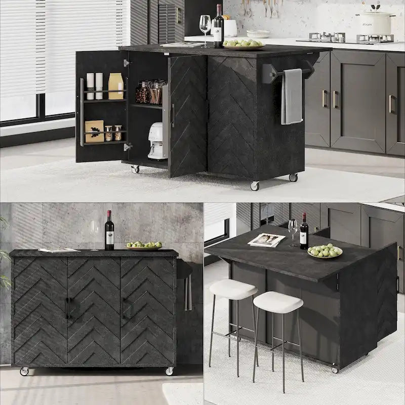51.2W Ash Veneer Solid Wood Handwoven Kitchen Island With Drop Leaf