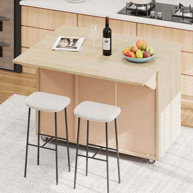 51.2W Ash Veneer Solid Wood Handwoven Kitchen Island With Drop Leaf
