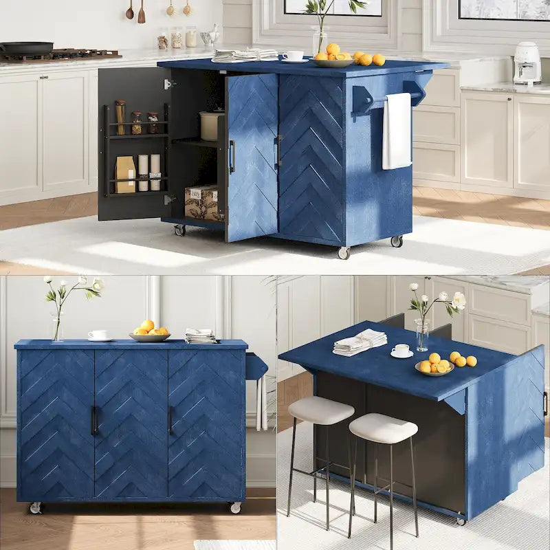 51.2W Ash Veneer Solid Wood Handwoven Kitchen Island With Drop Leaf