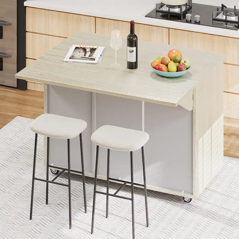 51.2W Ash Veneer Solid Wood Handwoven Kitchen Island With Drop Leaf