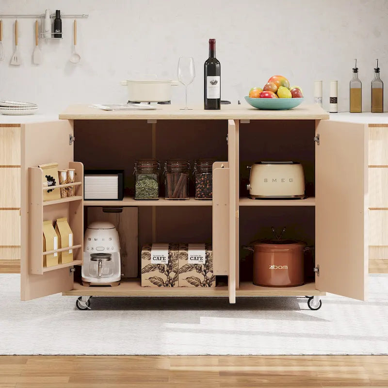 51.2W Ash Veneer Solid Wood Handwoven Kitchen Island With Drop Leaf