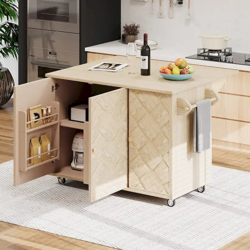 51.2W Ash Veneer Solid Wood Handwoven Kitchen Island With Drop Leaf