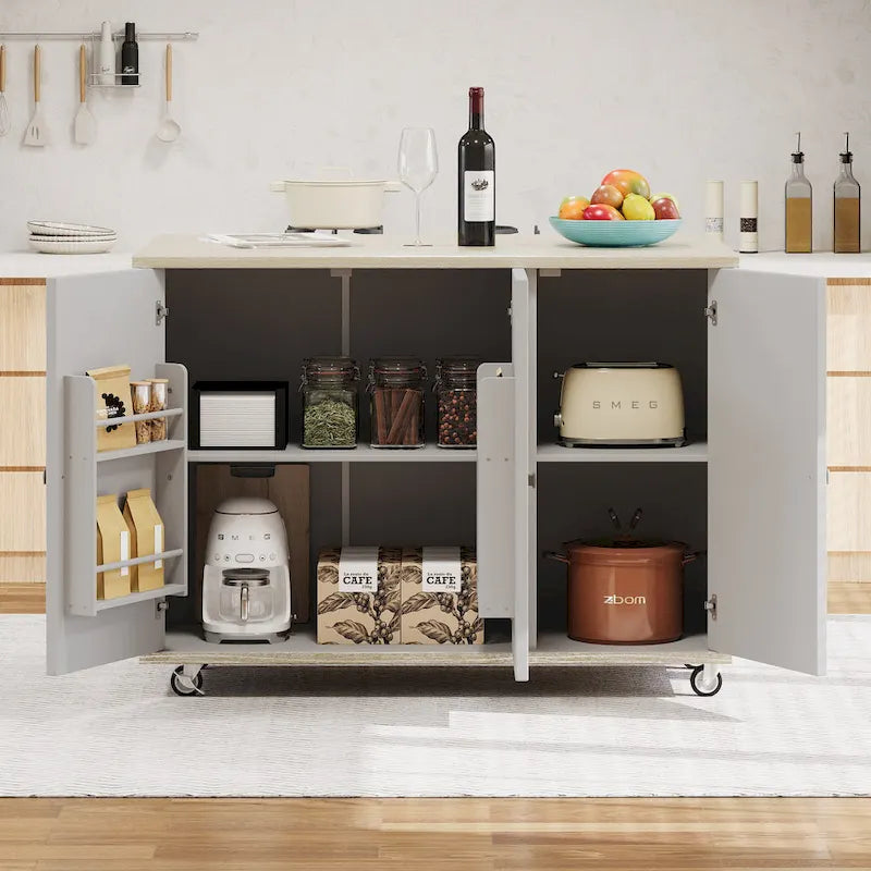 51.2W Ash Veneer Solid Wood Handwoven Kitchen Island With Drop Leaf