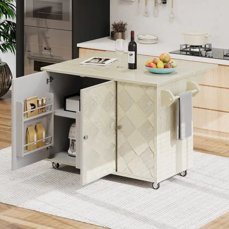 51.2W Ash Veneer Solid Wood Handwoven Kitchen Island With Drop Leaf