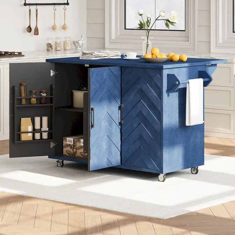 51.2W Ash Veneer Solid Wood Handwoven Kitchen Island With Drop Leaf