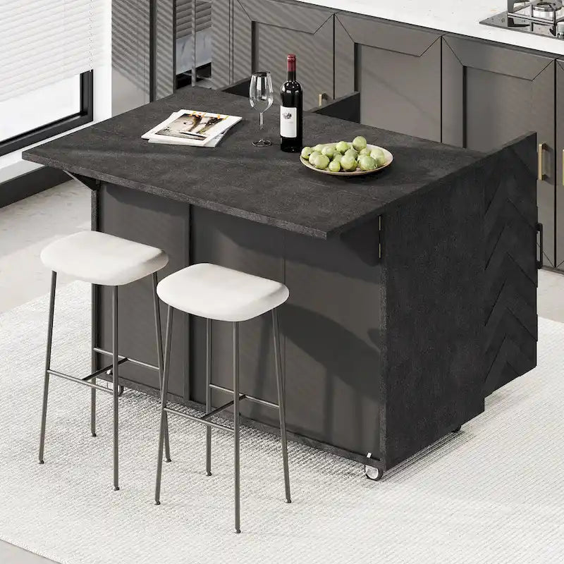 51.2W Ash Veneer Solid Wood Handwoven Kitchen Island With Drop Leaf