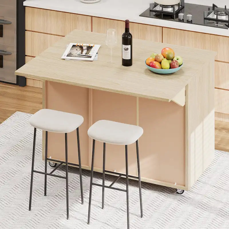 51.2W Ash Veneer Solid Wood Handwoven Kitchen Island With Drop Leaf