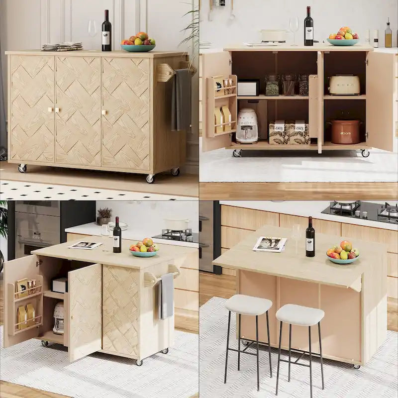 51.2W Ash Veneer Solid Wood Handwoven Kitchen Island With Drop Leaf