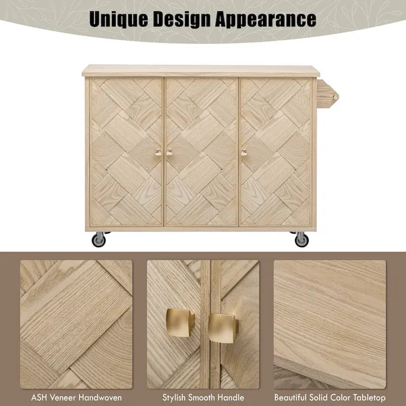 51.2W Ash Veneer Solid Wood Handwoven Kitchen Island With Drop Leaf