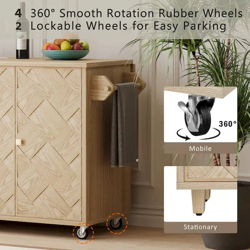 51.2W Ash Veneer Solid Wood Handwoven Kitchen Island With Drop Leaf