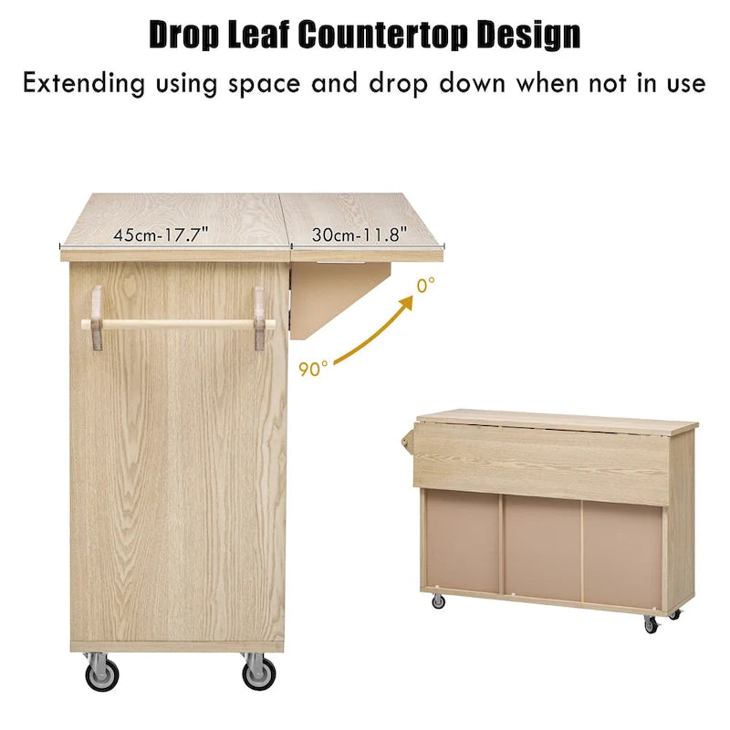 51.2W Ash Veneer Solid Wood Handwoven Kitchen Island With Drop Leaf