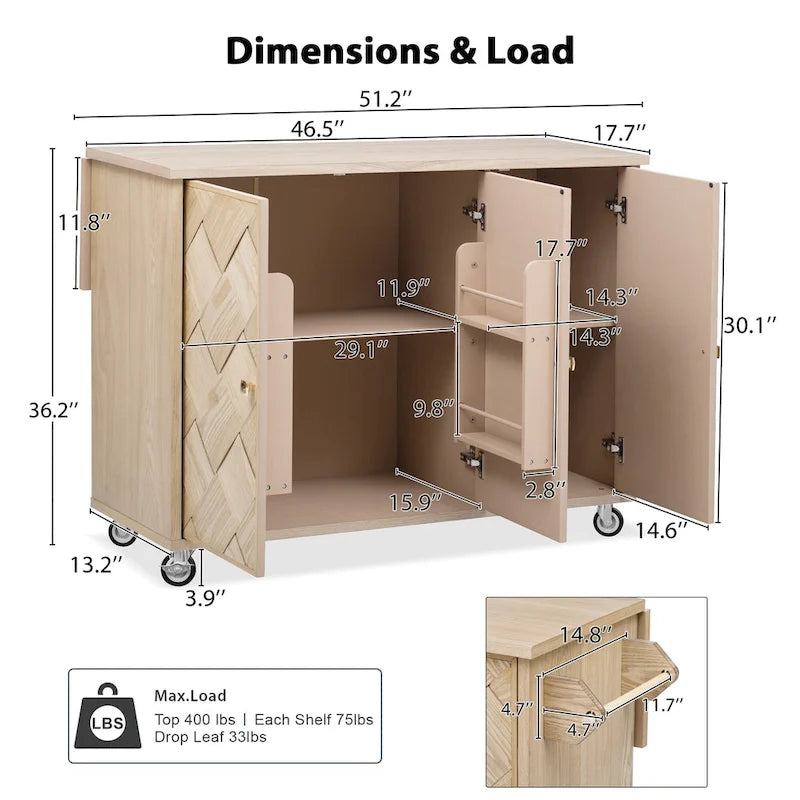 51.2W Ash Veneer Solid Wood Handwoven Kitchen Island With Drop Leaf