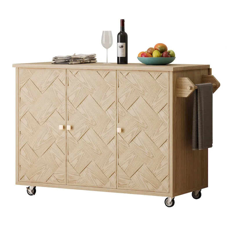 51.2W Ash Veneer Solid Wood Handwoven Kitchen Island With Drop Leaf
