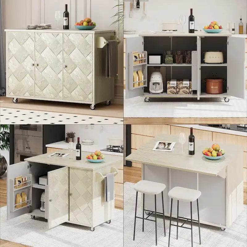 51.2W Ash Veneer Solid Wood Handwoven Kitchen Island With Drop Leaf