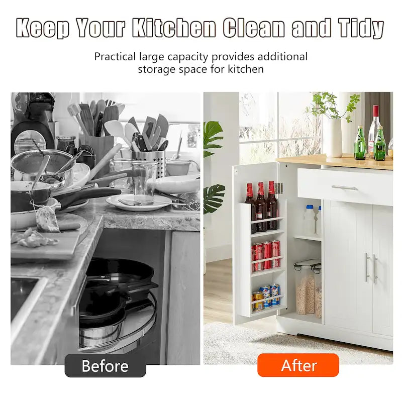 53 Inch Large Kitchen Island with Trash Can Storage Cabinet White