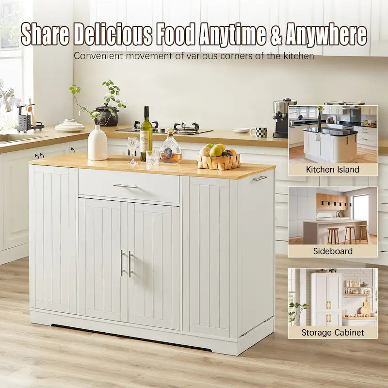 53 Inch Large Kitchen Island with Trash Can Storage Cabinet White