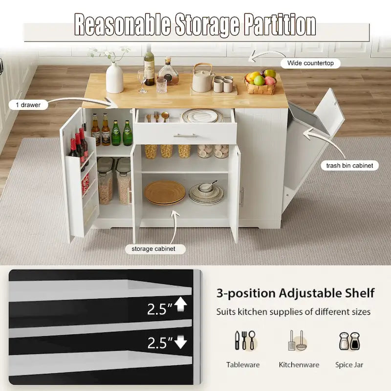 53 Inch Large Kitchen Island with Trash Can Storage Cabinet White