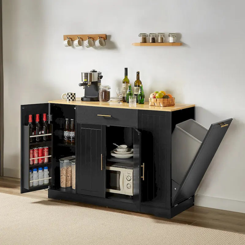 53 Inch Large Kitchen Island with Trash Can Storage Cabinet White