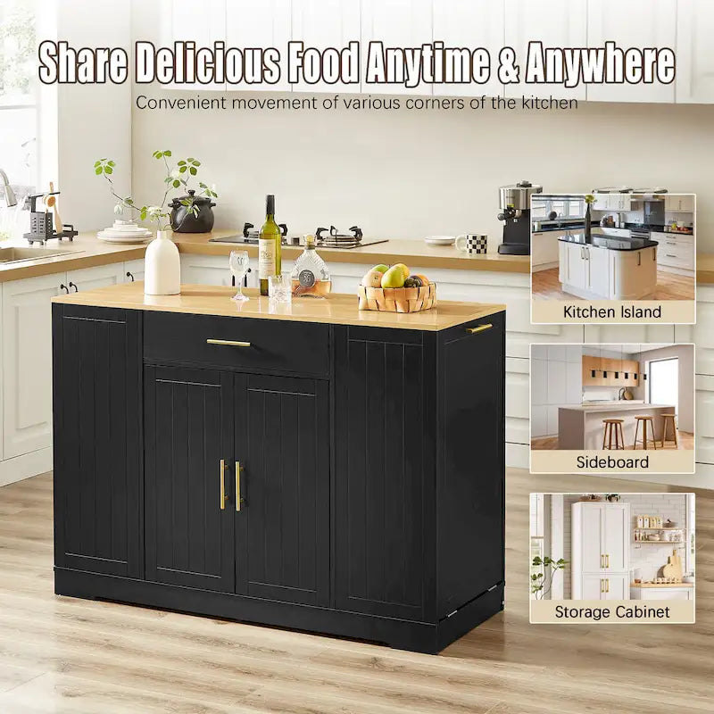 53 Inch Large Kitchen Island with Trash Can Storage Cabinet White