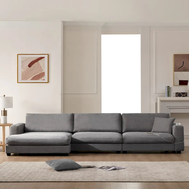 L-Shaped Corduroy Cloud Couch with Chaise Lounge and USB Port