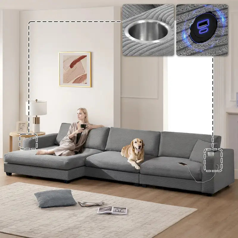 L-Shaped Corduroy Cloud Couch with Chaise Lounge and USB Port
