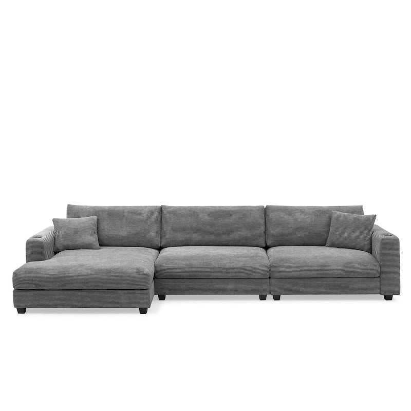 L-Shaped Corduroy Cloud Couch with Chaise Lounge and USB Port