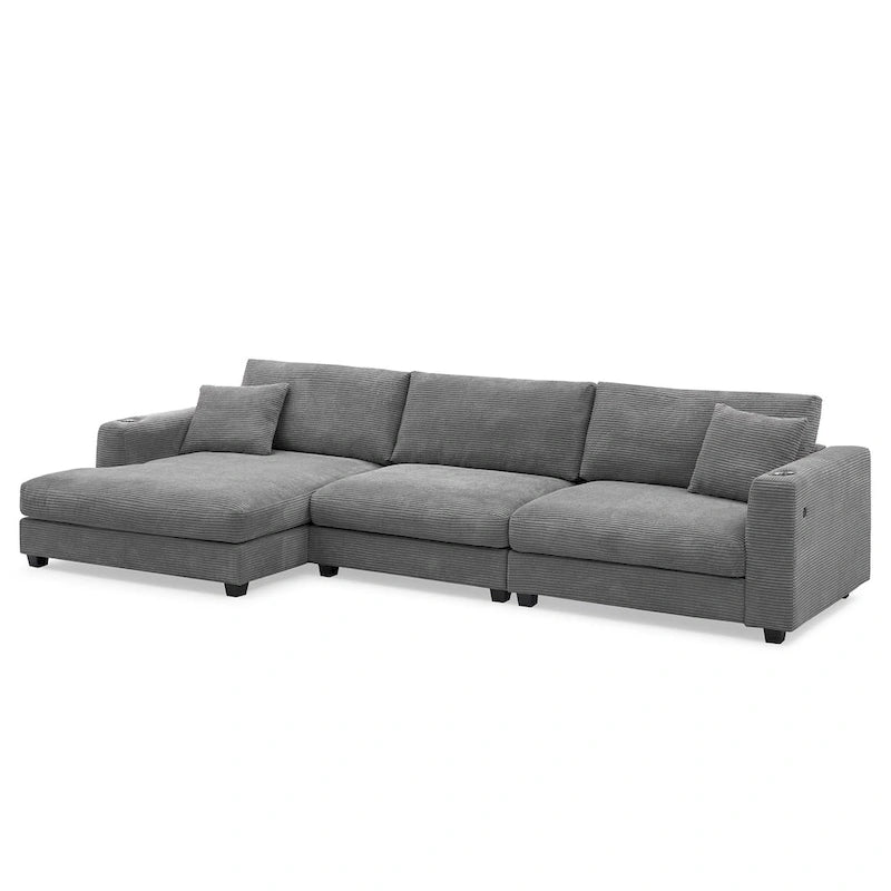 L-Shaped Corduroy Cloud Couch with Chaise Lounge and USB Port