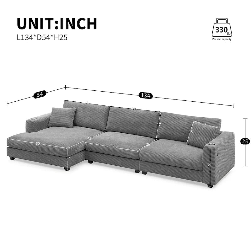 L-Shaped Corduroy Cloud Couch with Chaise Lounge and USB Port