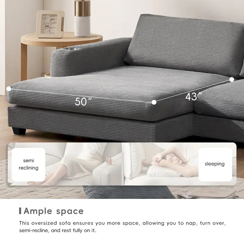 L-Shaped Corduroy Cloud Couch with Chaise Lounge and USB Port