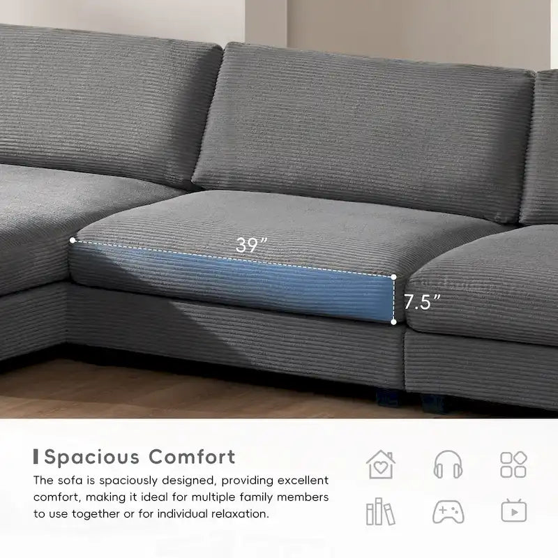 L-Shaped Corduroy Cloud Couch with Chaise Lounge and USB Port