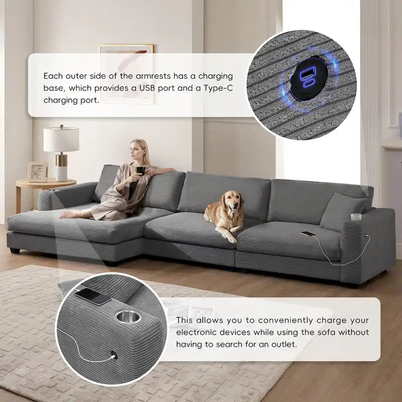 L-Shaped Corduroy Cloud Couch with Chaise Lounge and USB Port