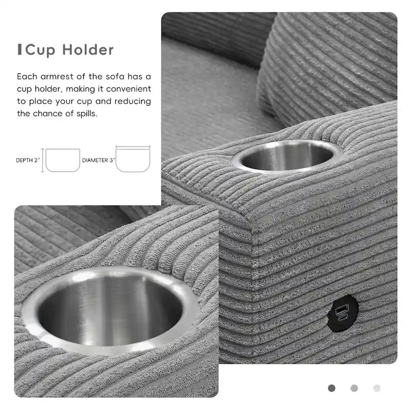L-Shaped Corduroy Cloud Couch with Chaise Lounge and USB Port