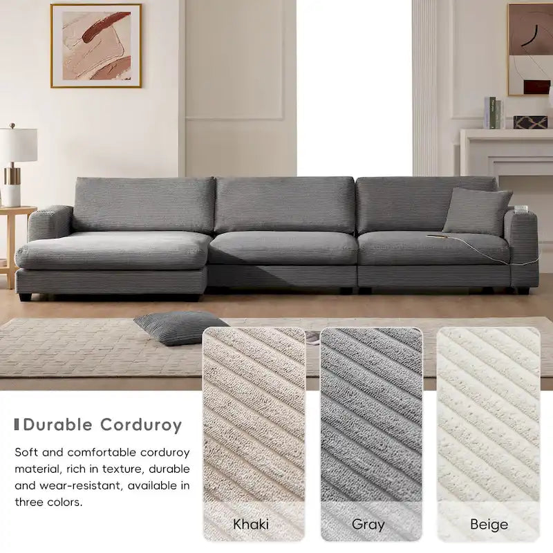 L-Shaped Corduroy Cloud Couch with Chaise Lounge and USB Port