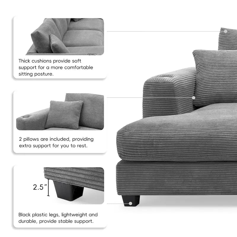 L-Shaped Corduroy Cloud Couch with Chaise Lounge and USB Port