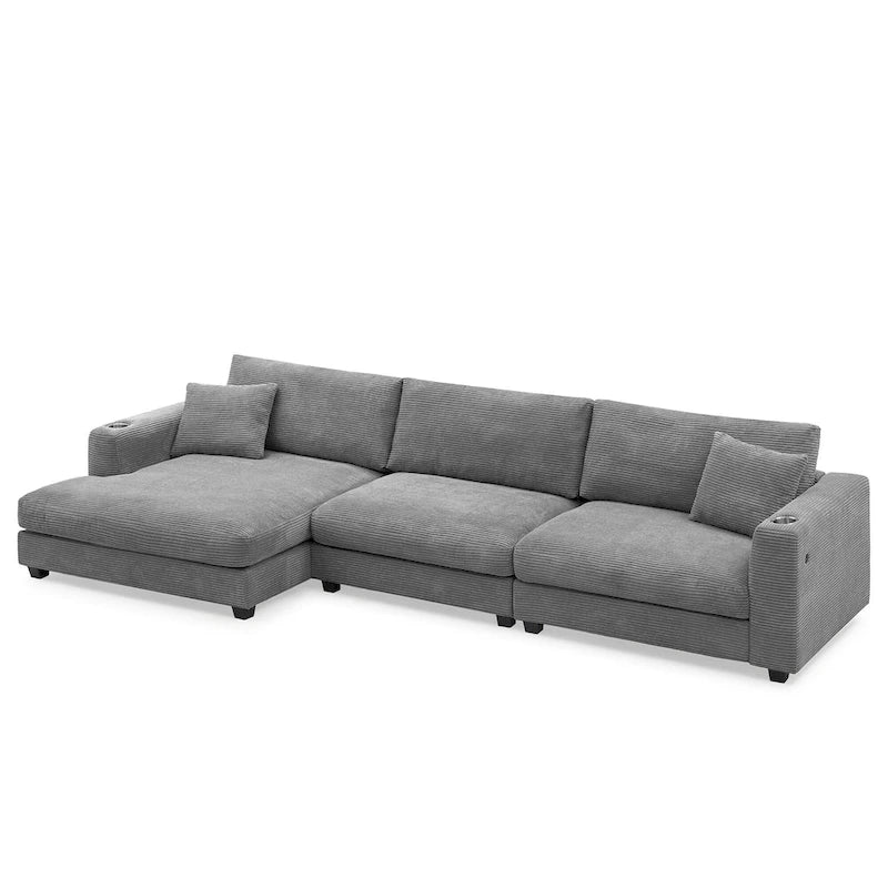 L-Shaped Corduroy Cloud Couch with Chaise Lounge and USB Port