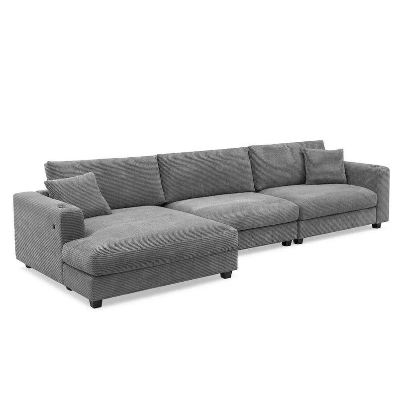 L-Shaped Corduroy Cloud Couch with Chaise Lounge and USB Port