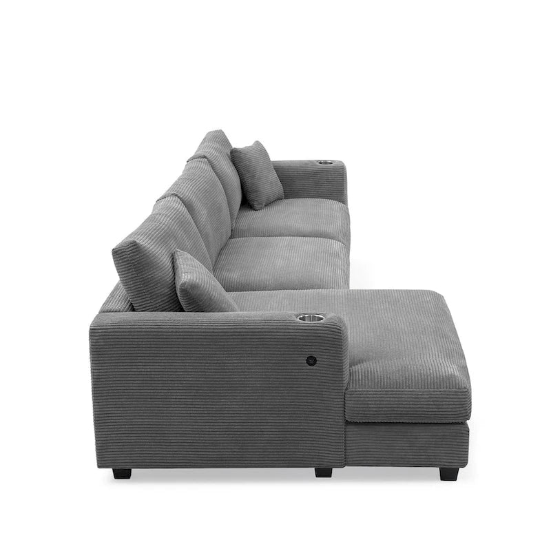 L-Shaped Corduroy Cloud Couch with Chaise Lounge and USB Port