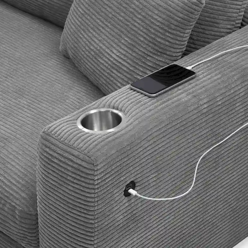 L-Shaped Corduroy Cloud Couch with Chaise Lounge and USB Port