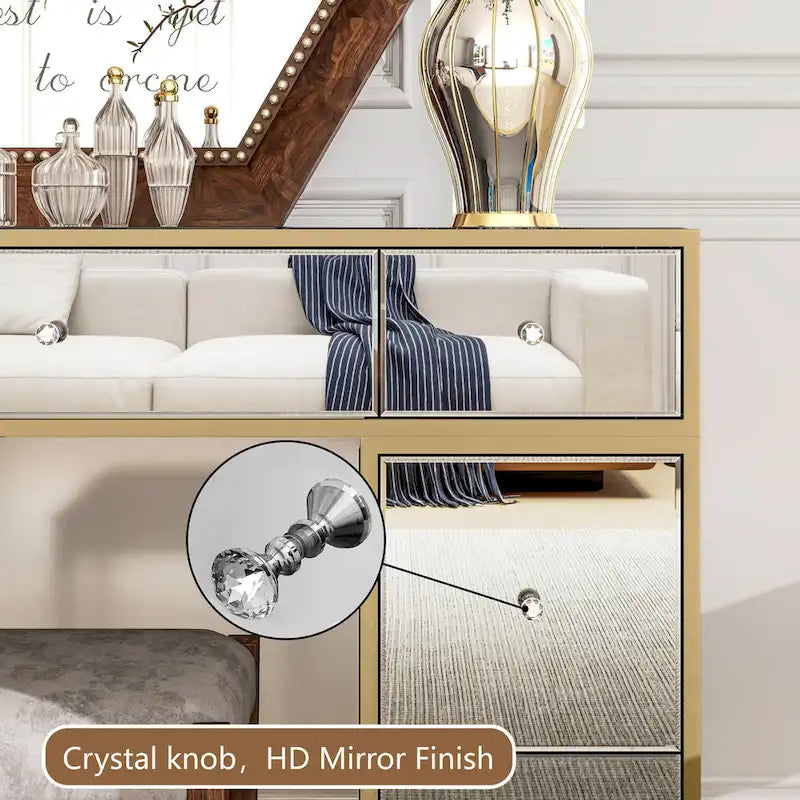 Silver Mirrored Makeup Vanity Desk with 7 Drawers and Crystal Knobs