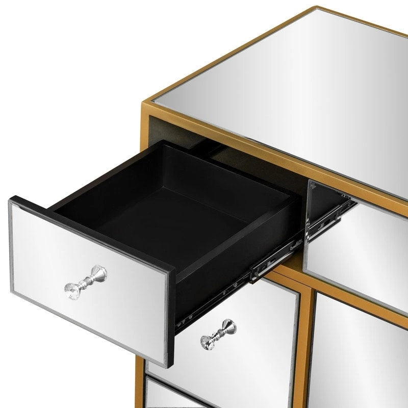 Silver Mirrored Makeup Vanity Desk with 7 Drawers and Crystal Knobs
