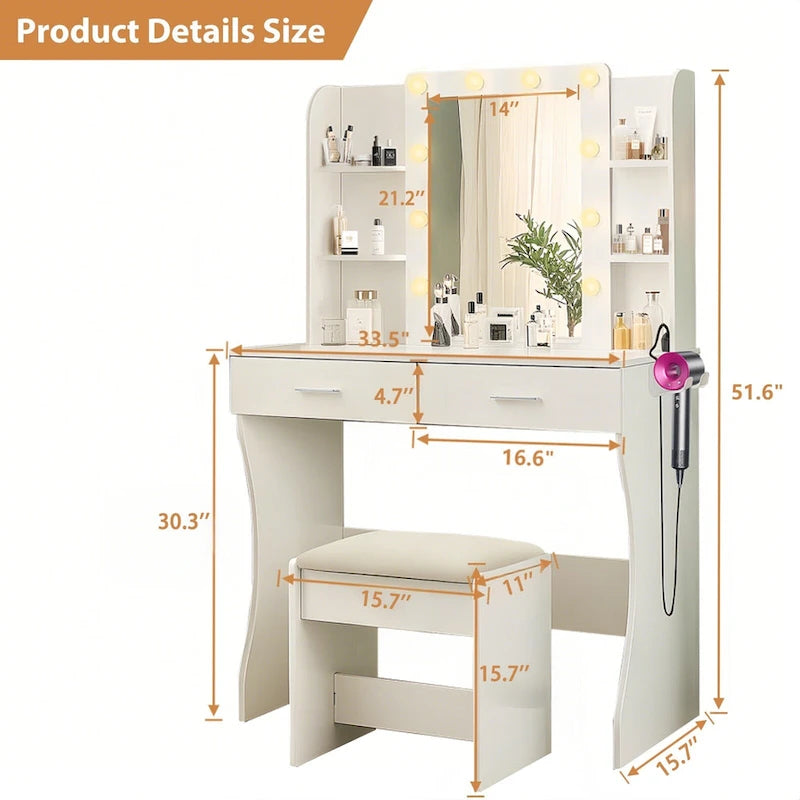 Vanity Desk with Mirror and Lights, Makeup Table with Power Outlet, Hair Dryer Rack, 2 Drawers and 6 Shelves
