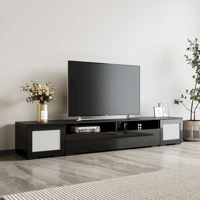 Black 82 TV Stand with Push-Open Doors & LED for TVs Up to 90