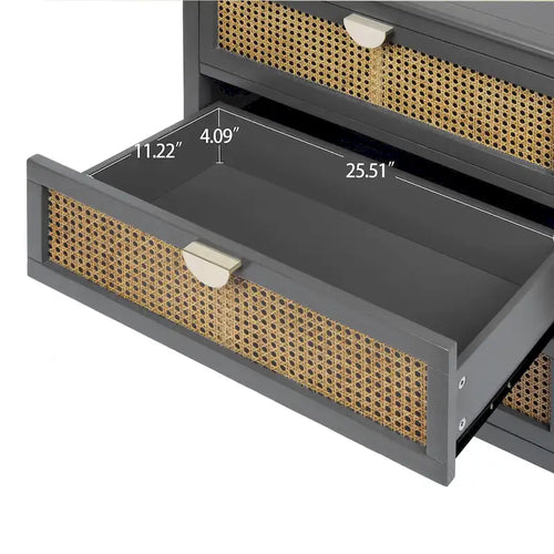 3-Drawer Chest Cabinet with Hollow-Carved Natural Rattan and Wood Grain for Bedroom